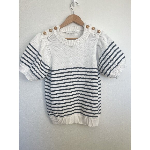 ENGLISH FACTORY Striped Short Puff Sleeve Sweater Buttons Navy Coastal S Preppy - Picture 6 of 14